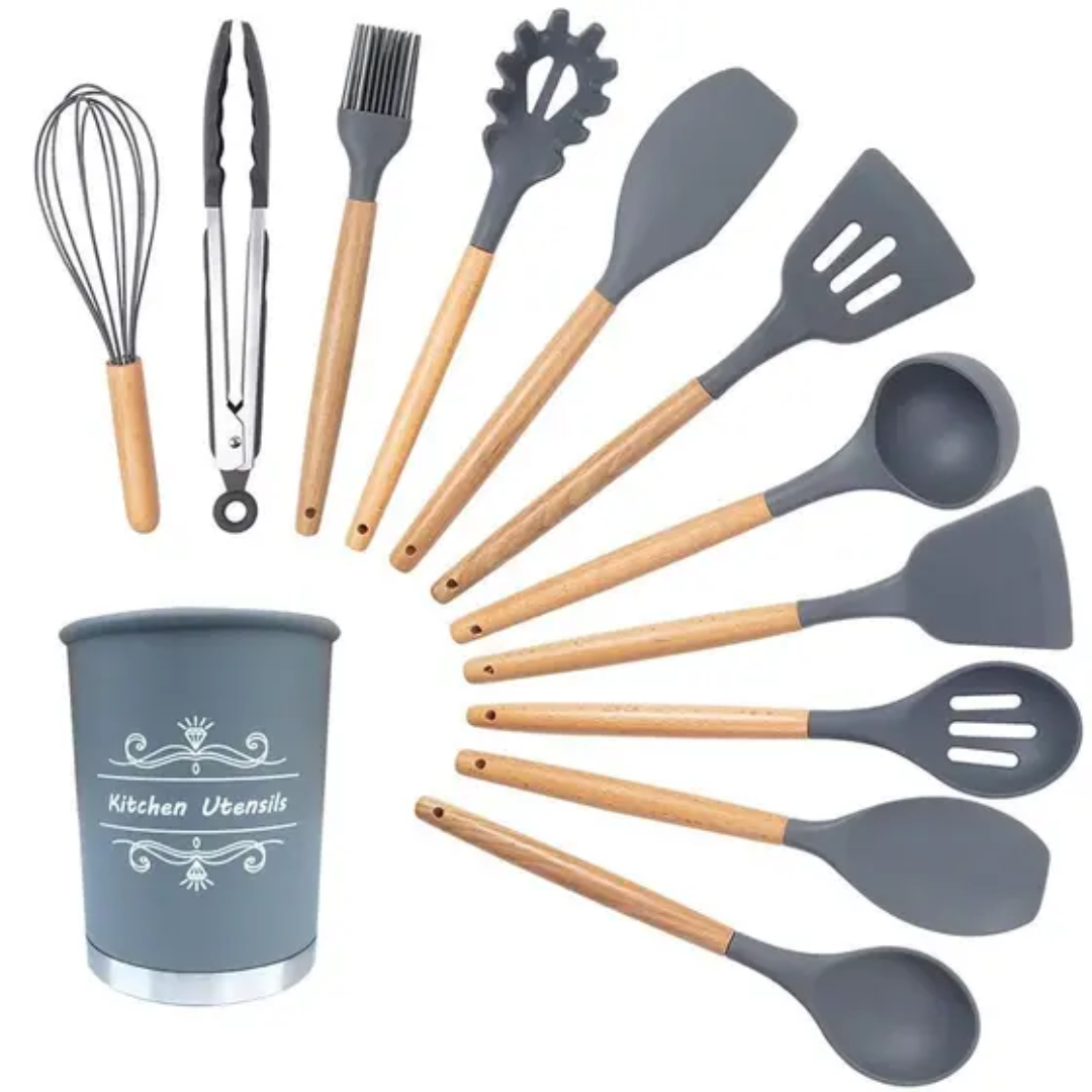Frigideira Antiaderente Easy Chef 3 em 1 com Divisórias + Kit 12 Peças de Utensílios Para Cozinha em Silicone e Bambu