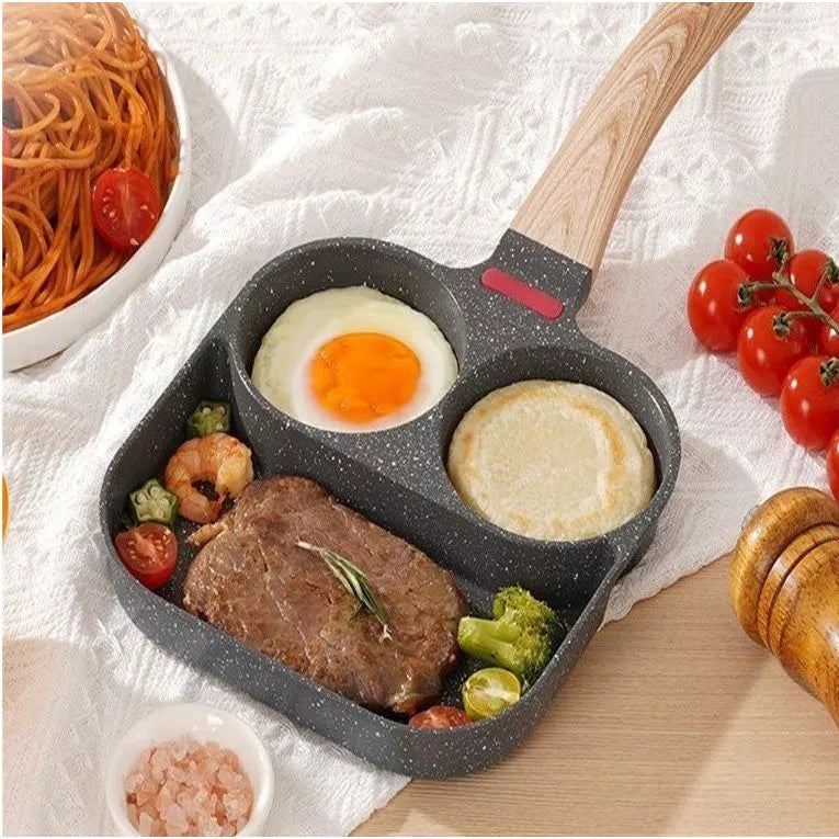 Frigideira Antiaderente Easy Chef 3 em 1 com Divisórias + Kit 12 Peças de Utensílios Para Cozinha em Silicone e Bambu