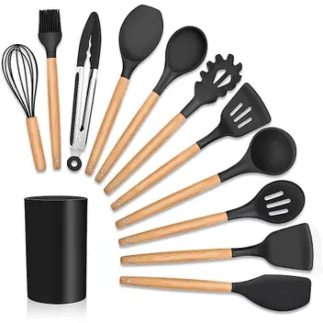 Frigideira Antiaderente Easy Chef 3 em 1 com Divisórias + Kit 12 Peças de Utensílios Para Cozinha em Silicone e Bambu