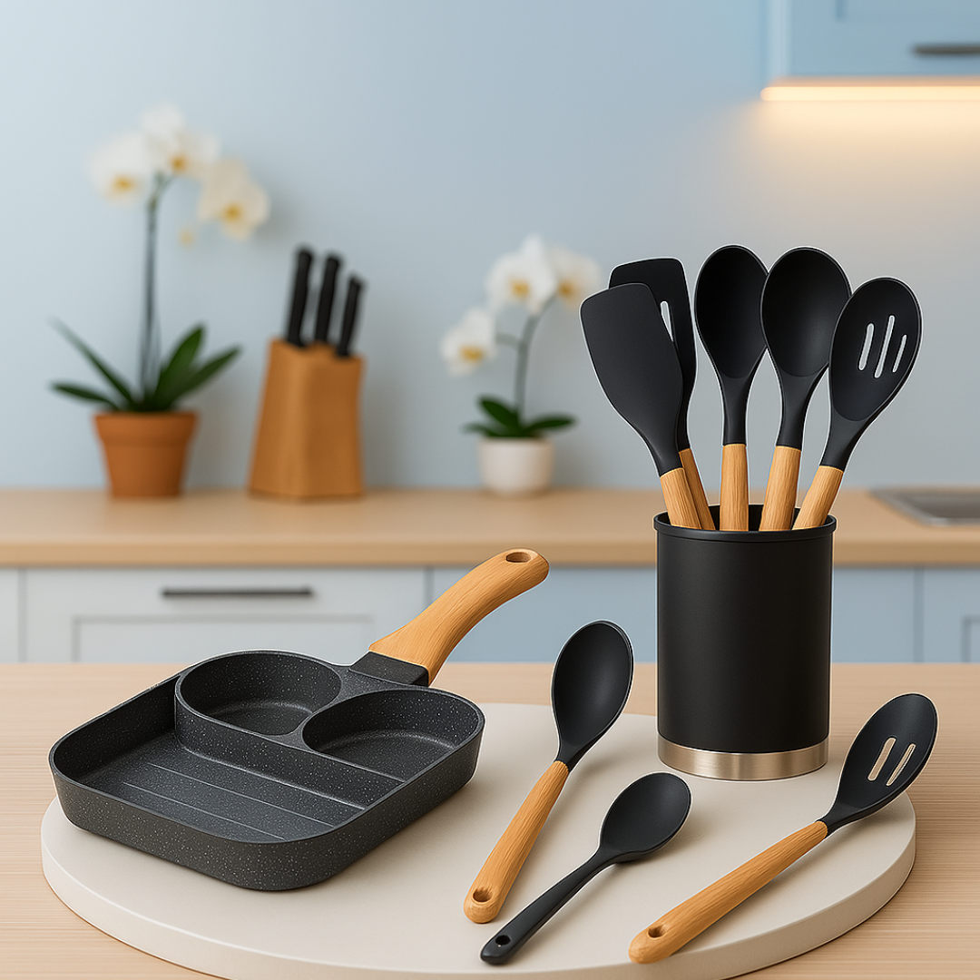 Frigideira Antiaderente Easy Chef 3 em 1 com Divisórias + Kit 12 Peças de Utensílios Para Cozinha em Silicone e Bambu